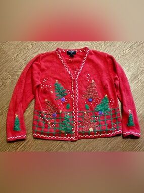 Planet & Company Christmas Tree Cardigan Sweater Red Knit Embellished VTG Medium